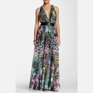 TOV Holy Faux Leather Trim Racerback Printed Maxi Dress